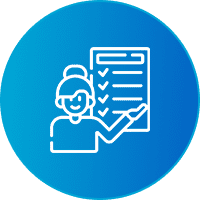 Person with checklist icon on blue background.