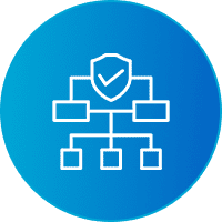 Shield and network diagram on blue circle.
