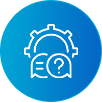 Gear and speech bubbles on blue background.