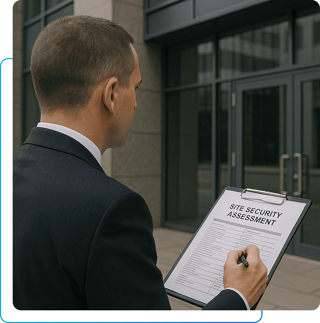 A man in suit and tie holding a clipboard.