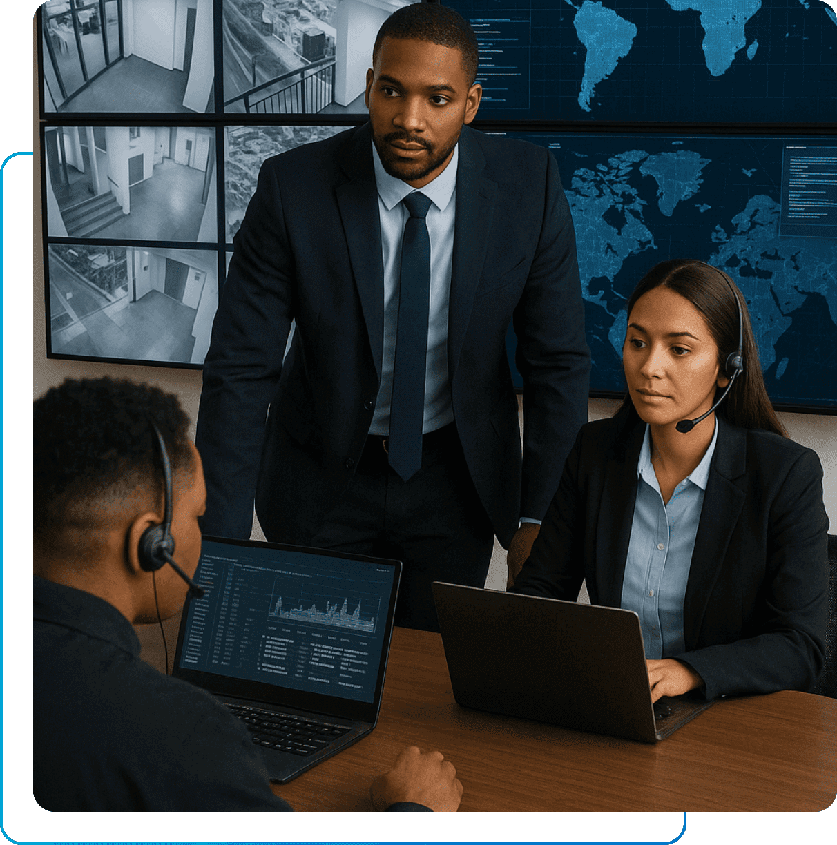 Security team analyzing surveillance feeds and analytics